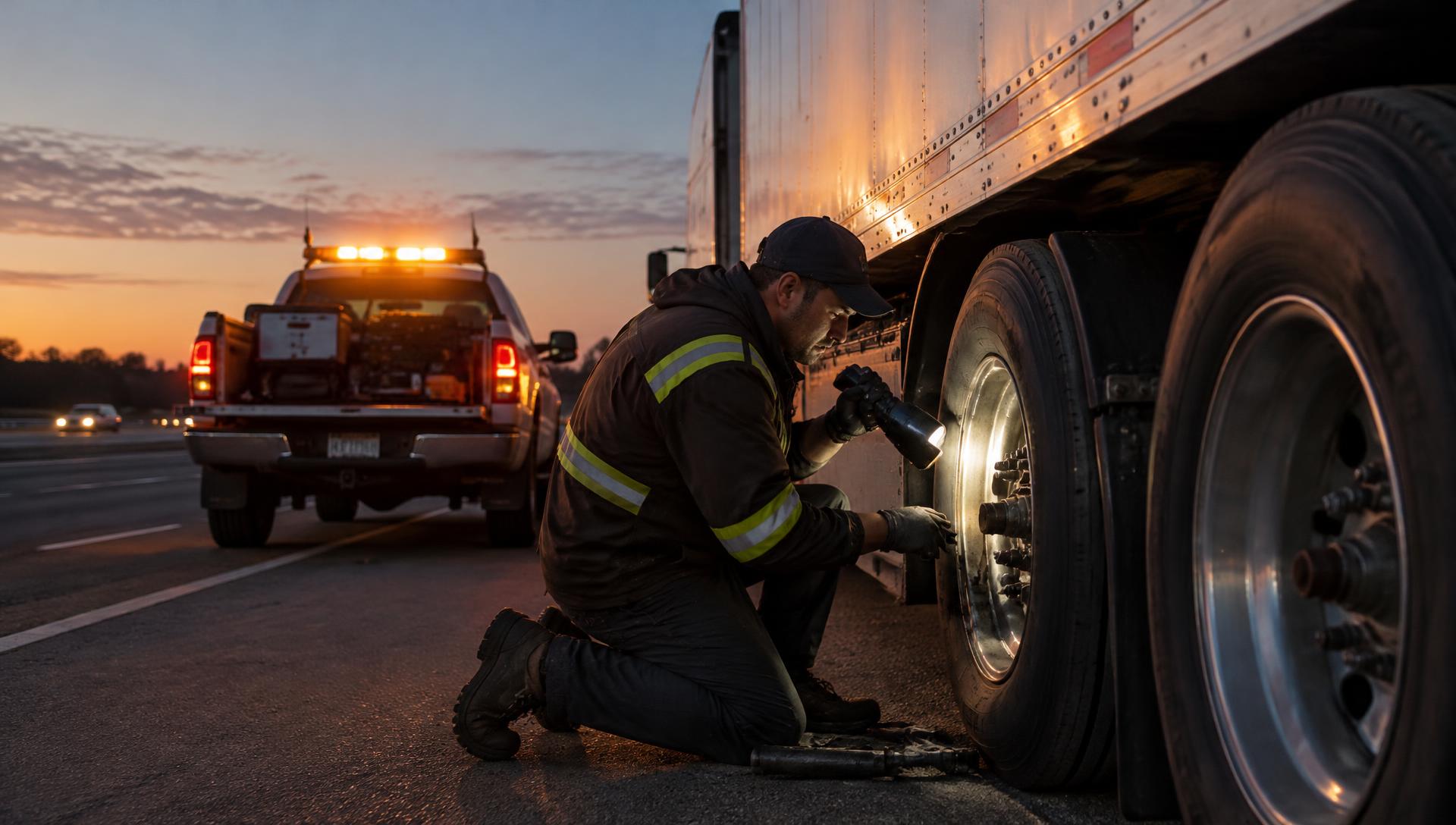 Mechanic repairing a semi truck wheel on a highway shoulder at night