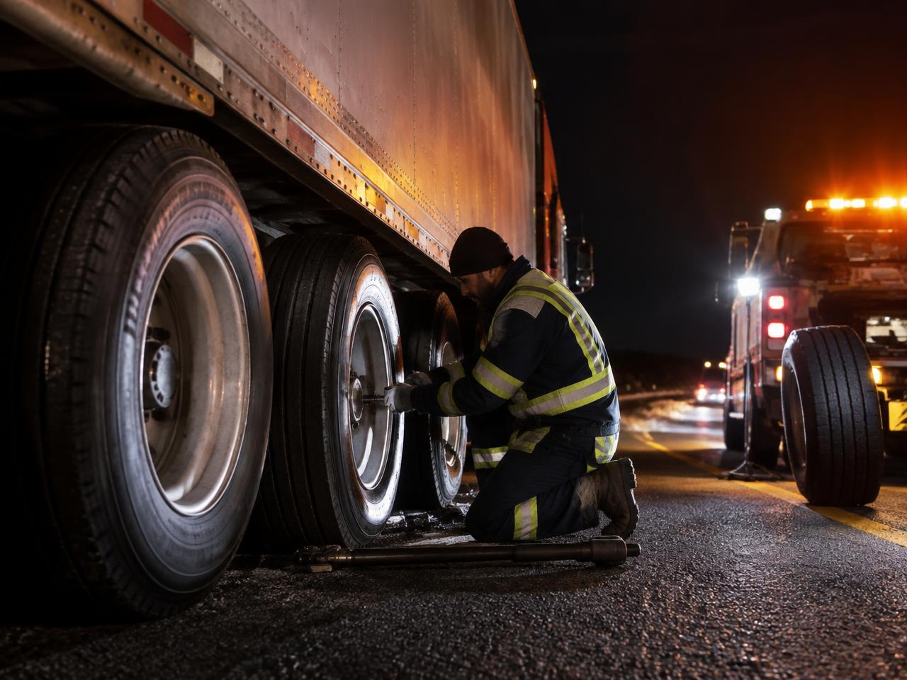 Mobile service truck arriving at a broken-down semi